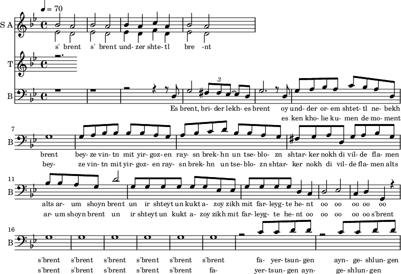 
<<
  \new Staff     
    \with {instrumentName = "S A"
           shortInstrumentName = "S A"}
    <<
    \set Staff.midiMinimumVolume = #0.3
    \set Staff.midiMaximumVolume = #0.7
    \set Score.currentBarNumber = #1 \bar "" \tempo 4=70 \time 4/4 \key bes \major

    \new Voice = "one" \relative c '' {  
      \voiceOne
        bes2 a bes a bes4 a c a bes2 a
    }
    \new Voice = "two" \relative c '{  
      \voiceTwo
        ees2 d ees d ees4 d f d ees2 d  
    }
    >>
    \new Lyrics \lyricsto "one" {\set fontSize = #-2
      s' brent s' brent und- zer shte- tl bre -nt
    }
  \new Staff  
    \with {instrumentName = "T"
           shortInstrumentName = "T"}
    <<
    \set Staff.midiMinimumVolume = #0.3
    \set Staff.midiMaximumVolume = #0.5      
    \set Score.currentBarNumber = #1 \bar "" \tempo 4=70 \time 4/4 \key bes \major
    \new Voice = "three" \fixed c '' {
      \voiceOne
      r2. 
    }
    >>
    \new Lyrics \lyricsto "three" {\set fontSize = #-2
    
    }

  \new Staff \with {midiInstrument = #"acoustic bass"
       instrumentName = "B"
       shortInstrumentName = "B"} <<
    \set Staff.midiMinimumVolume = #14.7
    \set Staff.midiMaximumVolume = #15.9
    \set Score.currentBarNumber = #1 \bar "" \tempo 4=70 \time 4/4 \key bes \major
    \clef bass 
    \new Voice = "four"{
      \voiceOne 
      r1 r r2 r4 r8 d g2 \tuplet 3/2 {fis8 fis ees~} ees d g2. r8 d g a bes a c' bes a d g1 g8 a bes bes bes bes a g a bes c' d' bes bes a g fis g a d g a bes g bes bes a g d'2 g8 g g g g g ees ees g g g g d4 c d2 ees c4 d g, r4 g1 g g g g g r2 c'8 c' d' d' r2 c'8 c' d' d'
    }
    >>
    \new Lyrics \lyricsto "four" {\set fontSize = #-2
    Es brent, bri- der lekh- es brent oy und- der or- em shtet- tl ne- bekh brent bey- ze vin- tn mit yir- goz- en ray- sn brek- hn un tse- blo- zn shtar- ker nokh di vil- de fla- men alts ar- um shoyn brent un ir shteyt un kukt a- zoy zikh mit far- leyg- te he- nt oo oo oo oo oo s'brent s'brent s'brent s'brent s'brent s'brent fa- yer- tsun- gen ayn- ge- shlun- gen
    }
    \new Lyrics \lyricsto "four" {\set fontSize = #-2
    _ _ _ _ _ _ _  es ken kho- lie ku- men de mo- ment bey- ze vin- tn mit yir- goz- en ray- sn brek- hn un tse- blo- zn shtar- ker nokh di vil- de fla- men alts ar- um shoyn brent un ir shteyt un kukt a- zoy zikh mit far- leyg- te he- nt oo oo oo oo oo s'brent s'brent s'brent s'brent s'brent s'brent fa- yer- tsun- gen ayn- ge- shlun- gen
    }
>>
\midi{}