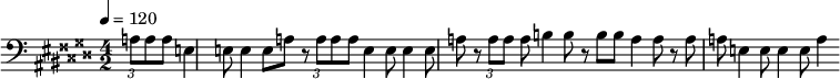 {\clef bass \tempo 4 = 120 \key eis \major \time 4/2 \partial 4. \tuplet 3/2 a8 a a e4 e8 e4 e8 a r8 \tuplet 3/2 a8 a a e4 e8 e4 e8 a r8 \tuplet 3/2 a8 a a b4 b8 r8 b8 b a4 a8 r8 a8 a e4 e8 e4 e8 a4 }\midi{}