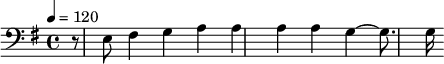 {\clef bass \key g \major \tempo 4 = 120 \partial 16 r8 e8 fis4 g a a a a g ~ g8. g16}\midi{}