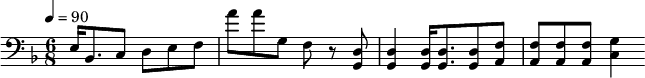 {\clef bass \tempo 4=90\key f \major \time 6/8 
e16 bes,8. c8 d e f a' a' g f r8 <d g,> <d g,>4 <d g,>16 <d g,>8. <d g,>8 <f a,>8 <f a,>8 <f a,>8 <f a,>8 <g c>4 \break}\midi{}
