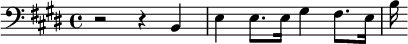 {\clef bass \key e \major r2 r4 b, e e8. e16 gis4 fis8. e16 b}