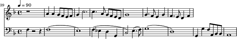 
{
  <<
    \relative c '' {
      \new Staff {
        \set Staff.midiMinimumVolume = #0.1
        \set Staff.midiMaximumVolume = #0.3
        \set Score.currentBarNumber = #39 \bar "" \tempo 4=90  \key f \major
        r1 a4 a g8 f e f g4  c2. c4. a8 g f e d g1 g4. f8 e4 g f4. e8 d4 f
      }
    }
    {
      \new Staff  \with {midiInstrument = #"acoustic bass"} 
      {
        \set Staff.midiMinimumVolume = #0.7
        \set Staff.midiMaximumVolume = #0.9
        \clef bass \key f \major 
        f4 r2 r4 f1( e1) f4( ees d g, c2) e4.( f8) g1( d1) g,4 g f8 a, bes, bes, a,1
      }
    }
  >>
}
\midi{}