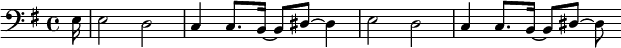 {\clef bass \key g \major \partial 16 e16 e2 d c4 c8.[ b,16]~ b,8[ dis8] ~ dis4 e2 d c4 c8.[ b,16]~ b,8[ dis8] ~ dis}