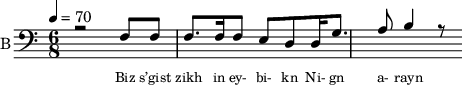 
<< 
  %{
  \new Staff     
    \with {instrumentName = "S A"
           shortInstrumentName = "S A"}
    <<
    \set Staff.midiMinimumVolume = #0.3
    \set Staff.midiMaximumVolume = #0.7
    \set Score.currentBarNumber = #1 \bar "" \tempo 4=70 \time 4/4 \key bes \major

    \new Voice = "s1" \relative c '' {  
      \voiceOne
        bes2 a bes a bes4 a c a bes2 a
    }
    \new Voice = "s2" \relative c '{  
      \voiceTwo
         ees2 d ees d ees4 d f d ees2 d  
    }
    >>
 
    \new Lyrics \lyricsto "s1" {\set fontSize = #-2
      s' brent s' brent und- zer shte- tl bre -nt de
    }
  %}
  %{
  \new Staff  
  \with {instrumentName = "A"
          shortInstrumentName = "A"}
  <<
  \set Staff.midiMinimumVolume = #0.3
  \set Staff.midiMaximumVolume = #0.5      
  \set Score.currentBarNumber = #1 \bar "" \tempo 4=70 \time 4/4 \key bes \major
  \new Voice = "a1" \fixed c ' {
    \voiceOne
      g1 g  g g 
  }
  \new Voice = "a2" \fixed c ' {
    \voiceTwo
      d1 d d d
  }    
  >>
  \new Lyrics \lyricsto "a1" {\set fontSize = #-2
  
  }
  \repeat volta 2
  %}
  %{
  \new Staff  
    \with {instrumentName = "T"
           shortInstrumentName = "T"}
    <<
    \set Staff.midiMinimumVolume = #0.3
    \set Staff.midiMaximumVolume = #0.5      
    \set Score.currentBarNumber = #1 \bar "" \tempo 4=70 \time 4/4 \key bes \major
    \new Voice = "t1" \fixed c ' {
      \voiceOne
       g1 g  g g 
    }
    \new Voice = "t2" \fixed c ' {
      \voiceTwo
       d1 d d d
    }    
    >>
    \new Lyrics \lyricsto "t1" {\set fontSize = #-2
    
    }
  \repeat volta 2
  %}
  \new Staff \with {midiInstrument = #"acoustic bass"
       instrumentName = "B"
       shortInstrumentName = "B"} <<
    \set Staff.midiMinimumVolume = #14.7
    \set Staff.midiMaximumVolume = #15.9
    \set Score.currentBarNumber = #1 \bar "" \tempo 4=70 \time 6/8 \key c \major
    \clef bass 
    \new Voice = "b1" \relative c {
      \voiceOne 
      r2 f8 f8 f8. f16 f8 e d d16 g8. a8 b4 r8
    }
    {
    \new Voice = "b2" \relative c {
      \voiceOne 
      \stemDown
      
    }
    }
    >>
    \new Lyrics \lyricsto "b1" {\set fontSize = #-2

Biz s’gist zikh in ey- bi- kn
Ni- gn a- rayn
    }
    \new Lyrics \lyricsto "b1" {\set fontSize = #-2
    
}
>>
\midi{}