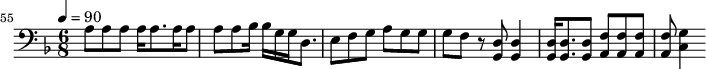 {\clef bass \tempo 4=90\key f \major \time 6/8
\set Score.currentBarNumber = #55 \bar ""
a8 a a a16 a8. a16 a8 a a bes16 bes g16 g16 d8. e8 f g a g g g f r8 <d g,> <d g,>4 <d g,>16 <d g,>8. <d g,>8 <f a,>8 <f a,>8 <f a,>8 <f a,>8 <g c>4 \break}\midi{}