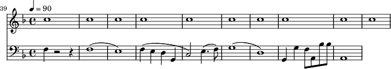 {
<<
\relative c '' {
\new Staff {
\set Staff.midiMinimumVolume = #0.1
\set Staff.midiMaximumVolume = #0.3
\set Score.currentBarNumber = #39 \bar "" \tempo 4=90 \key f \major
c1 c c c c c c c c c
}
}
\new Staff \with {midiInstrument = #"acoustic bass"}
{
\set Staff.midiMinimumVolume = #0.7
\set Staff.midiMaximumVolume = #0.9
\clef bass \key f \major
f4 r2 r4 f1( e1) f4( e d g, c2) e4.( f8) g1( d1) g,4 g f8 a, bes bes a,1
}
>>
}
\midi{}