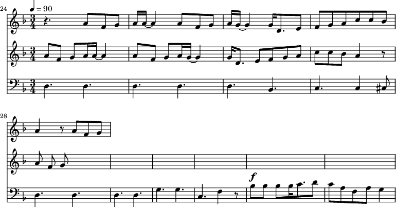 
{
  <<
    \relative c '' {
      \new Staff {
        \set Staff.midiMinimumVolume = #1.1
        \set Staff.midiMaximumVolume = #1.3
        \set Score.currentBarNumber = #24 \bar "" \tempo 4=90  \key f \major \time 3/4
        r4. a8 f g a16 a~ a4 a8 f g a16 g~ g4 g16 d8. e8 f g a c c bes a4 r8 a f g
      }

    }
    \relative c '' {
      \new Staff {
        \set Staff.midiMinimumVolume = #1.1
        \set Staff.midiMaximumVolume = #1.3
        \set Score.currentBarNumber = #24 \bar "" \tempo 4=90  \key f \major \time 3/4
        a8 f g a16 a~ a4 a8 f g a16 g~ g4 g16 d8. e8 f g a c c bes a4 r8 a f g
      }
    }
    \new Staff  \with {midiInstrument = #"acoustic bass"} 
    {
      \set Staff.midiMinimumVolume = #2.7
      \set Staff.midiMaximumVolume = #3.9
      \set Score.currentBarNumber = #24 \bar ""
      \clef bass \key f \major \time 3/4
      d4. d d d d bes, c c4 cis8 d4. d d d g g c f4 r8 bes8^\f bes bes bes16 c'8. d'8 c' a f a g4
    }
  >>
}
\midi{}