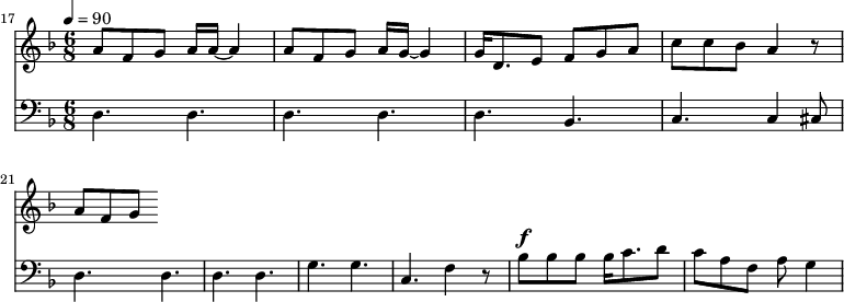 
{
  <<
    \relative c '' {
      \new Staff {
        \set Staff.midiMinimumVolume = #1.1
        \set Staff.midiMaximumVolume = #1.3
        \set Score.currentBarNumber = #17 \bar "" \tempo 4=90  \key f \major \time 6/8
        a8 f g a16 a~ a4 a8 f g a16 g~ g4 g16 d8. e8 f g a c c bes a4 r8 a f g
      }
    }
    \new Staff  \with {midiInstrument = #"acoustic bass"} 
    {
      \set Staff.midiMinimumVolume = #1.7
      \set Staff.midiMaximumVolume = #1.9
      \clef bass \key f \major \time 6/8
      d4. d d d d bes, c c4 cis8 d4. d d d g g c f4 r8 bes8^\f bes bes bes16 c'8. d'8 c' a f a g4
    }
  >>
}
\midi{}