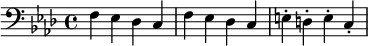 {\clef bass \key aes \major f ees des c f ees des c e-. d-. e-. c-. }