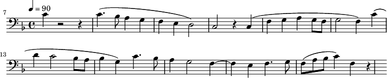 {\clef bass \tempo 4=90 \key f \major
\set Score.currentBarNumber = #7 \bar ""
c'4 r2 r4 c'4.( bes8 a4 g f e d2) c r4 c( f g a g8 f g2 f4) 
c'( d' c'2 bes8 a bes4 g) c'4. bes8 a4 g2 f4~ f e f4.) g8f( a bes c'4) f r
}\midi{}